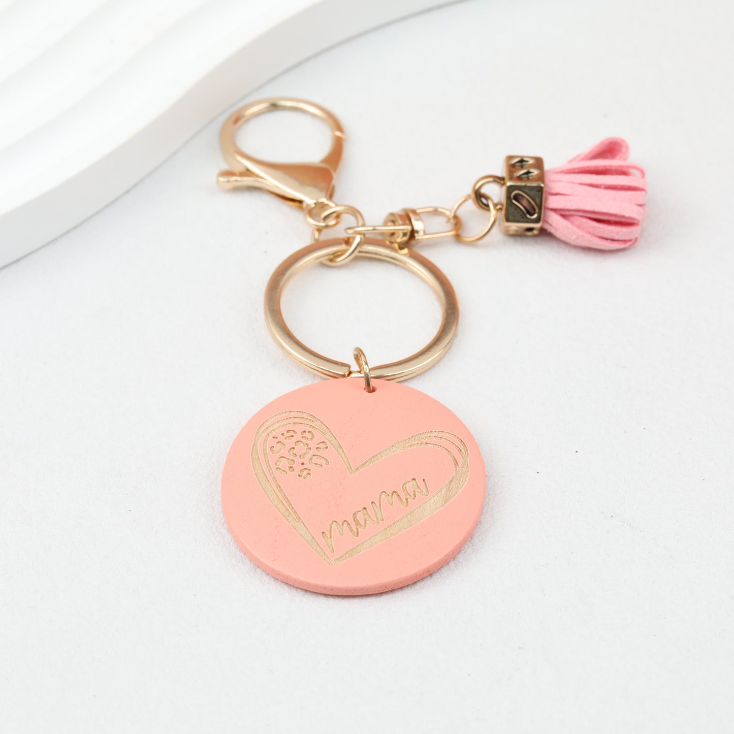 Wood Tassel Keychain Engraved Mama Heart Design Natural Pastel Colors