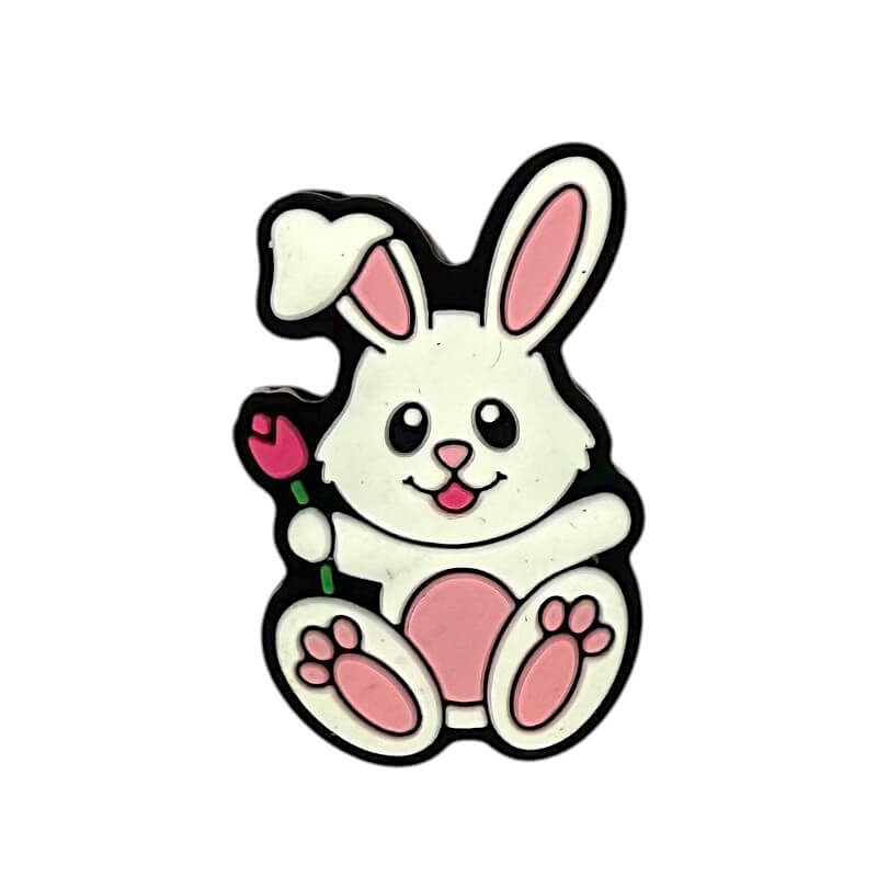 Silicone Focal Beads Easter Rose Rabbit Holding Pink Rose