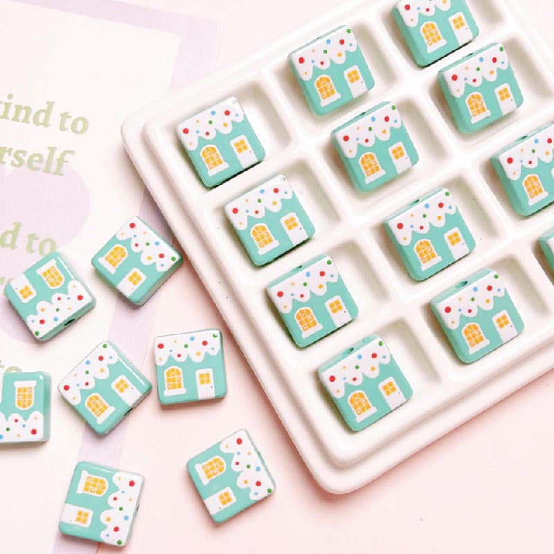 Christmas Square Acrylic Beads 16mm Gingerbread House Design 10pcs 7