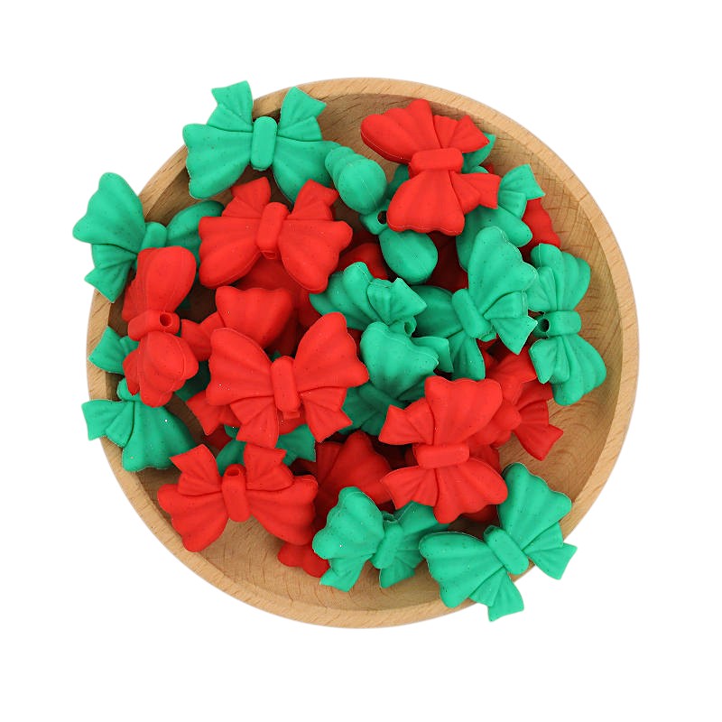 Silicone Focal Beads Christmas Color-Shifting Bow Red Green 20pcs 3