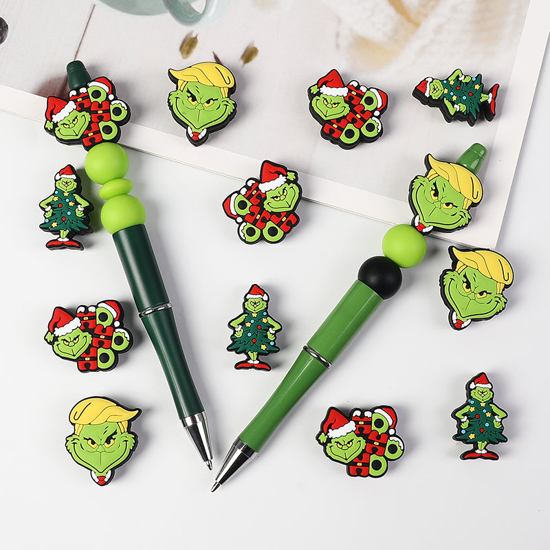 Silicone Focal Beads Christmas Grinch Face With Santa Hat 20pcs 7