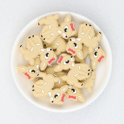 Cute Deer with Bow Silicone Focal Beads 20 pcs - Khaki