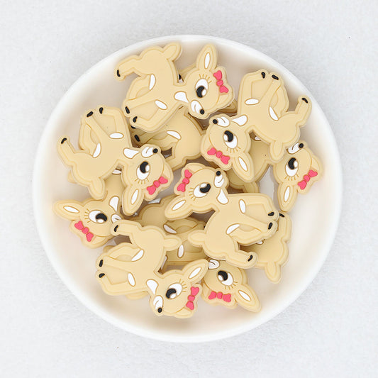 Cute Deer with Bow Silicone Focal Beads 20 pcs - Khaki