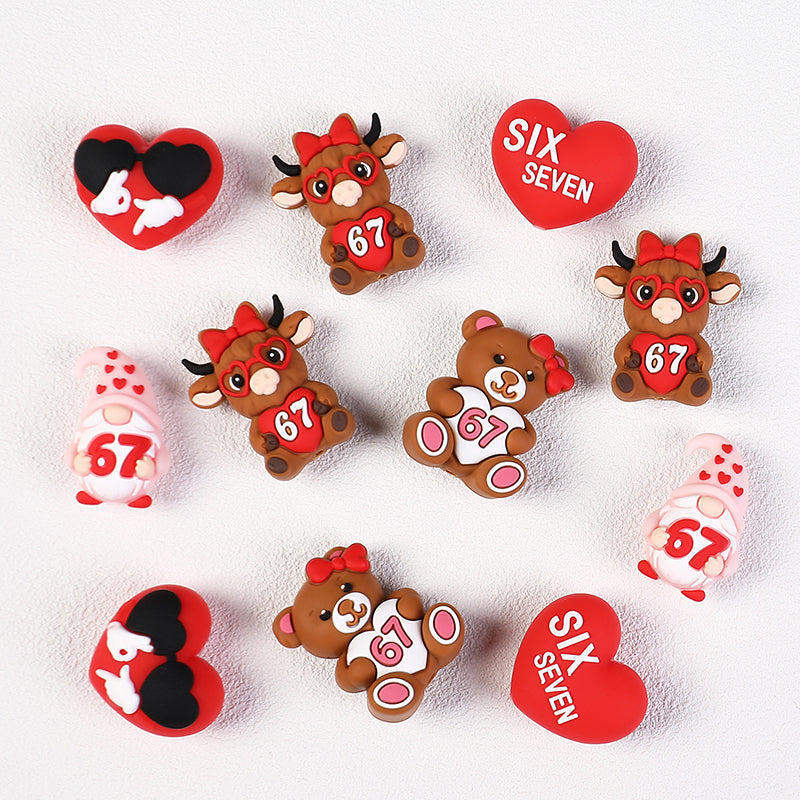 3D Highland Cow Silicone Focal Beads Wholesale, Six Seven 67 Red Love Heart Character