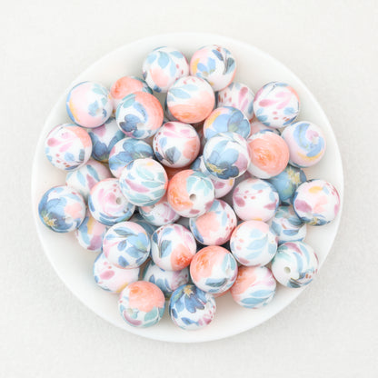 15mm Light Floral Print Round Silicone Beads 50 pcs 9