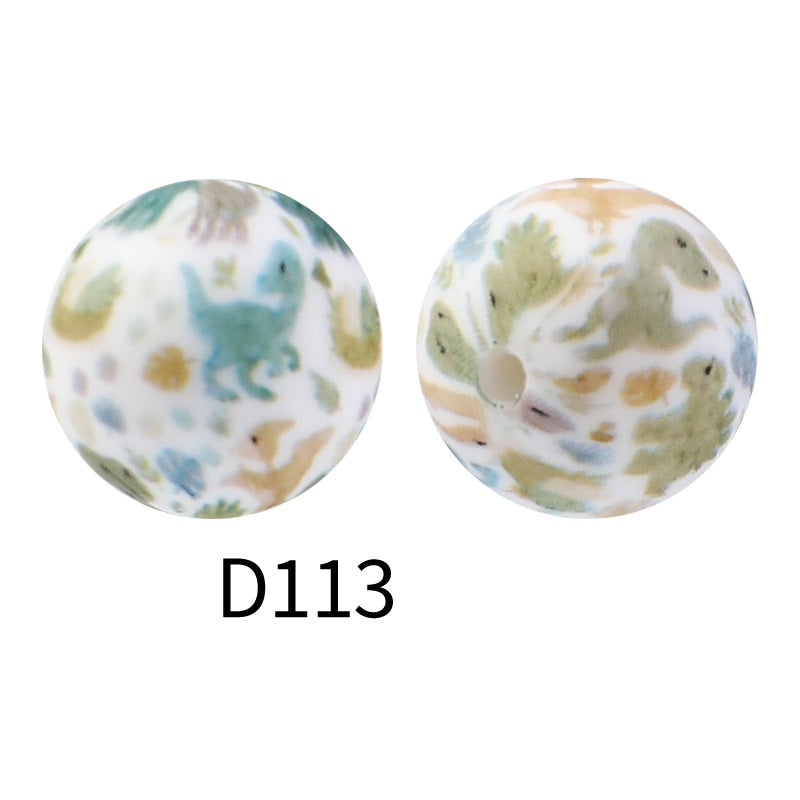 15mm Round Silicone Beads Floral Pattern Printed Design 50pcs