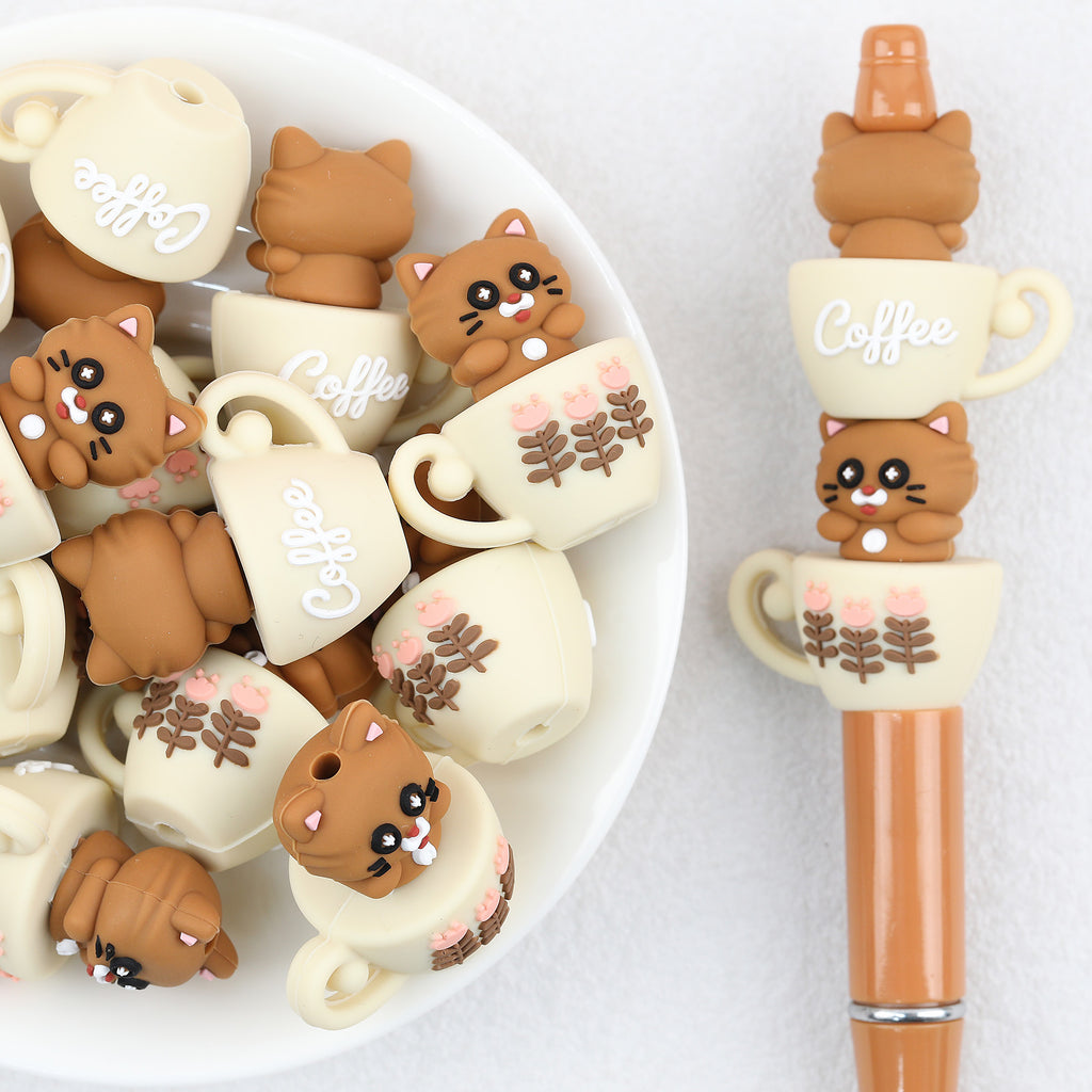  3D Cute Cat Coffee Cup Silicone Focal Beads 20Pcs