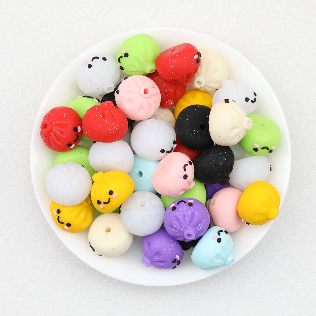 3D Cute Glitter Steamed Stuffed Bun Silicone Focal Beads 20pcs 3