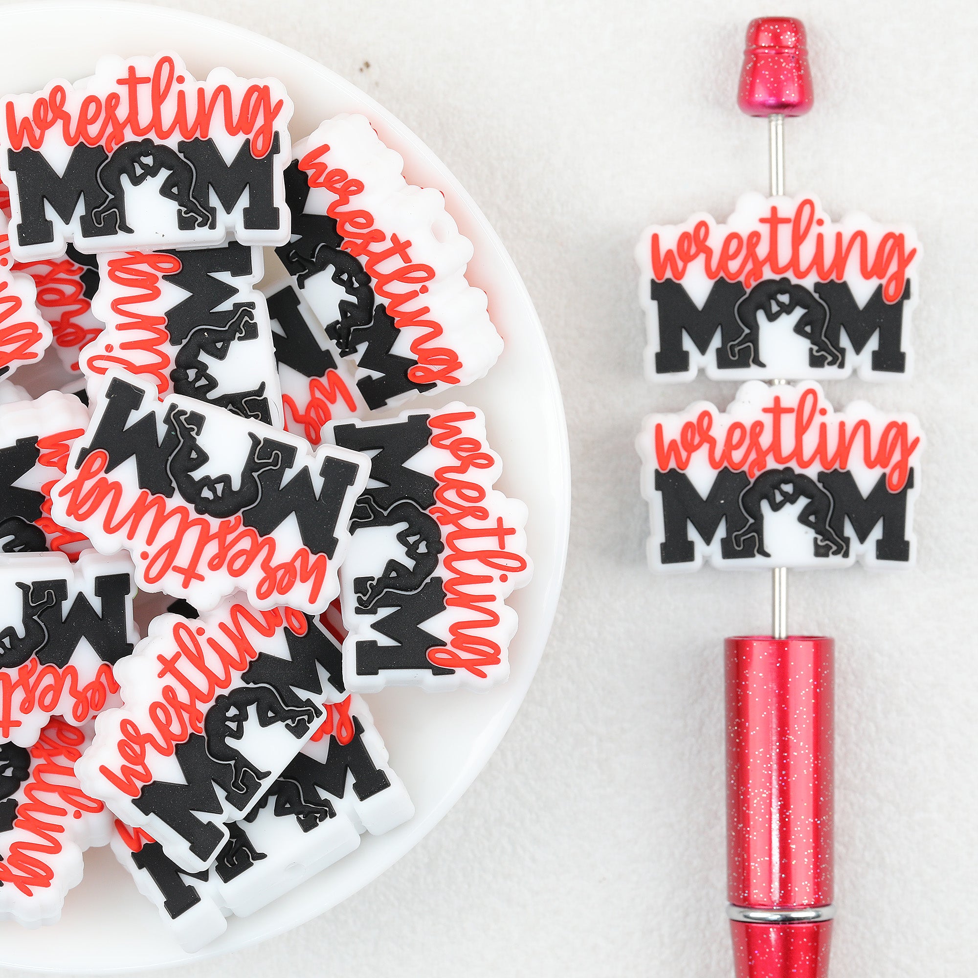Wrestling Mom Silicone Focal Beads Wholesale, Black Red Wrestler Silhouette White Flat Design