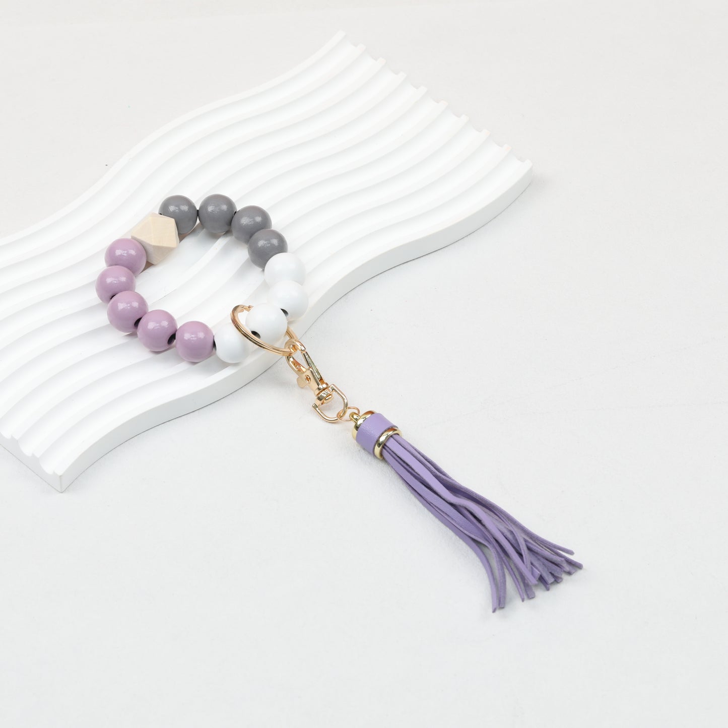 Tassel Wooden Beaded Keychain with PU Leather Tassel 23x10cm