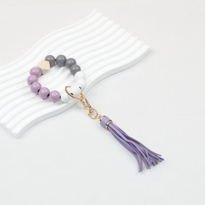 Tassel Wooden Beaded Keychain with PU Leather Tassel 23x10cm