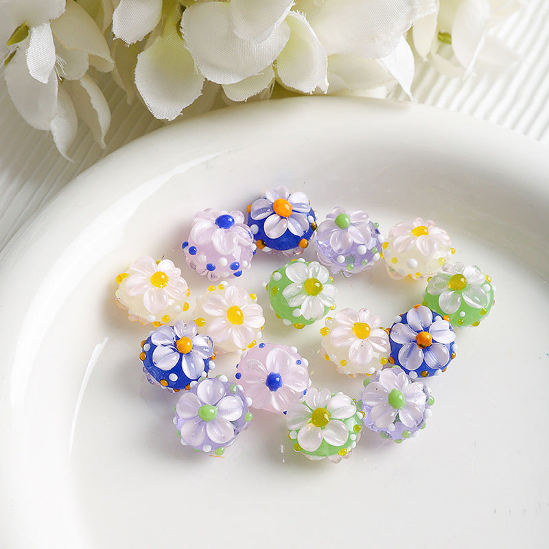 Colorful 14mm Floral Round Glass Beads with 2mm Hole 10pcs 4