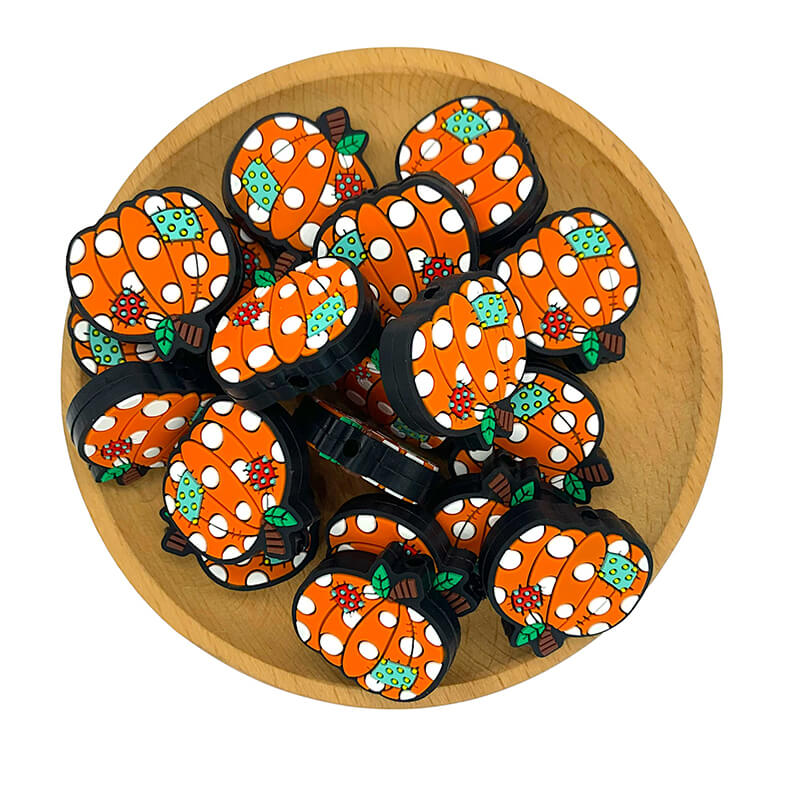 Silicone Focal Beads Pumpkin With Polka Dots Colorful Stitched Patches 2