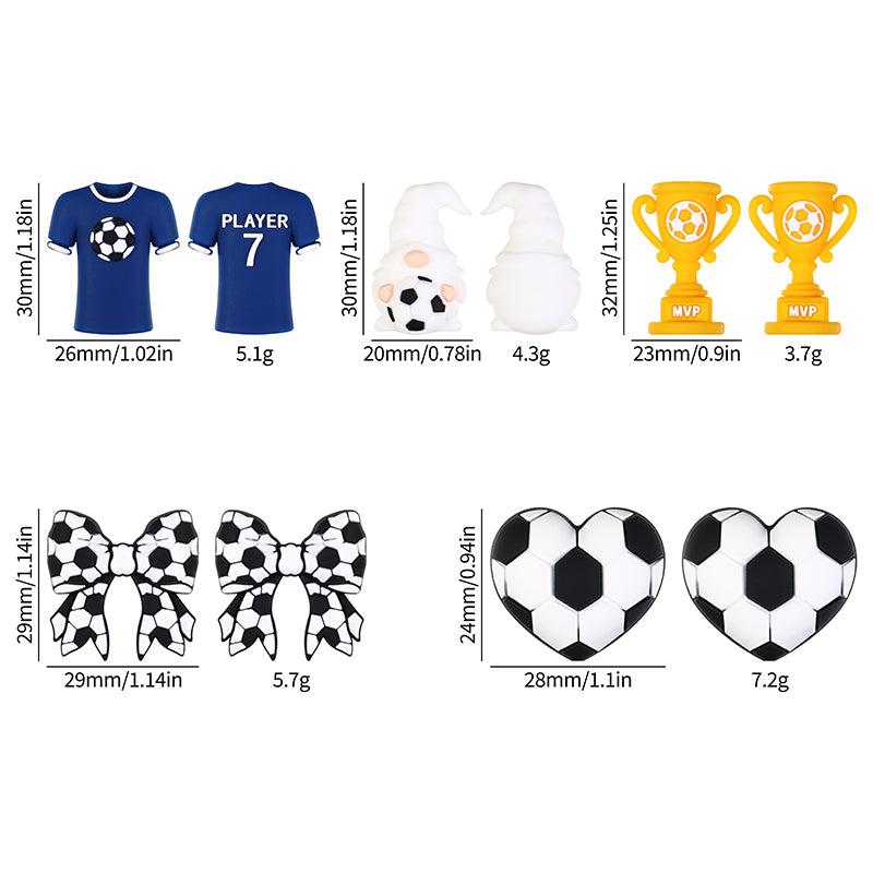 3D Football Theme Silicone Focal Beads Wholesale, Heart Trophy Jersey Bow White Gnome