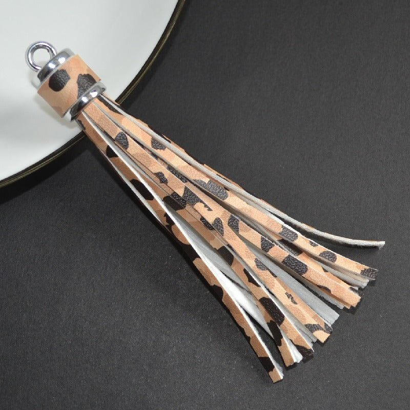 Silver PU Leather Tassel Keychain Metallic 9cm Length 35