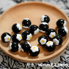 Flower Pattern Printed Acrylic Beads 16mm Black White Yellow 20pcs 4