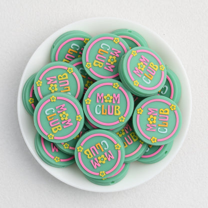 Green Round Silicone Focal Beads Mom Club Design 20pcs