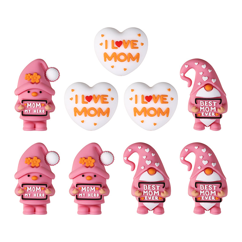 Silicone 3D Focal Beads Mothers Day Pink Hat Gnome Holding Sign 8