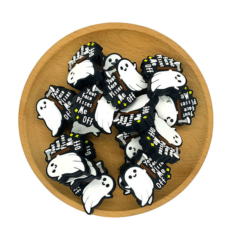 Silicone Focal Beads Halloween Ghost With Axe and Bold Text 1 pcs 2