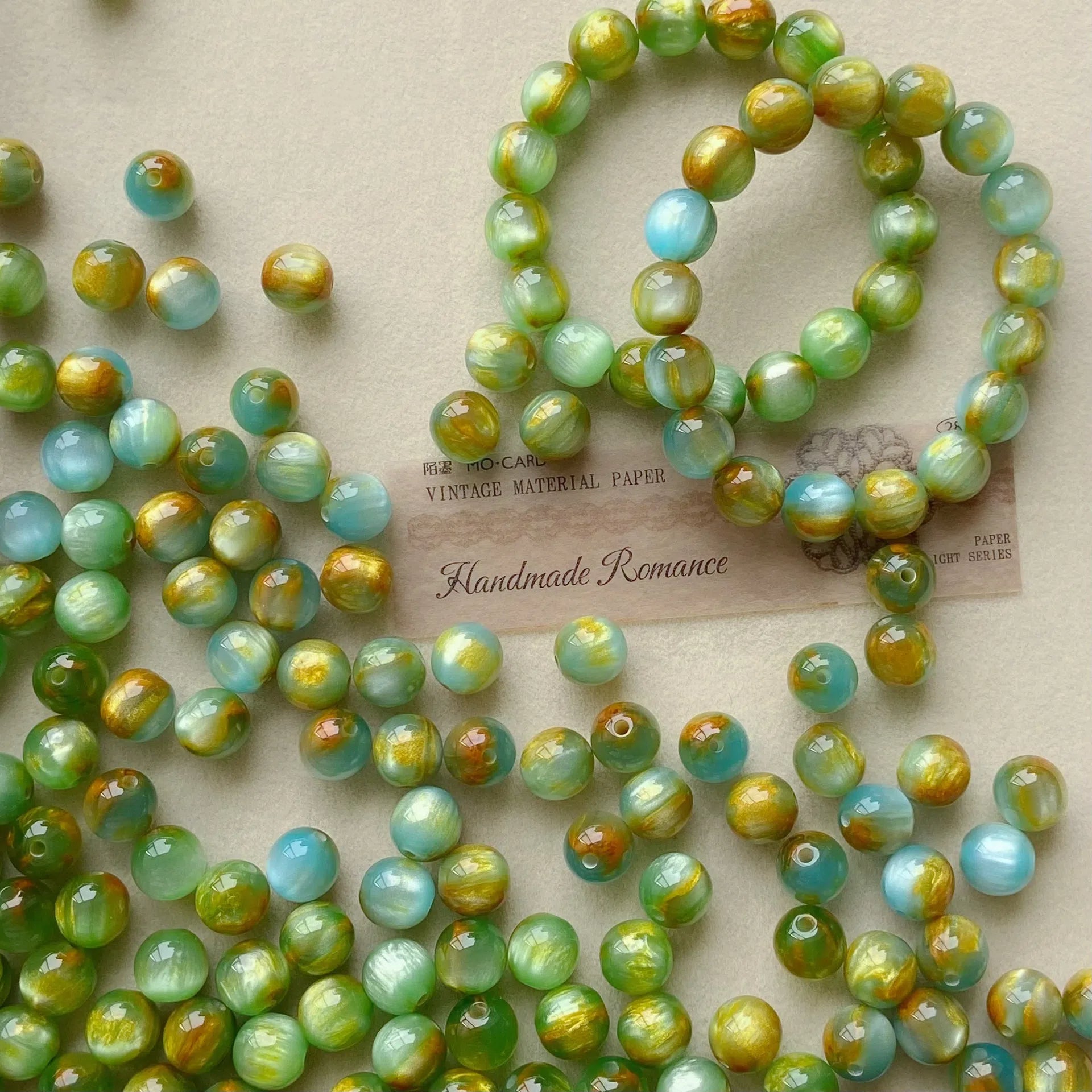 Oil Painting Gradient Resin Beads 8-10mm Glossy Blue Green 50pcs