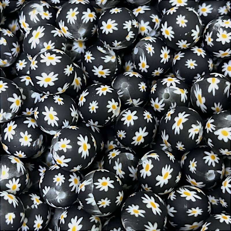 15mm Silicone Beads Little Daisy Printed Design 50pcs