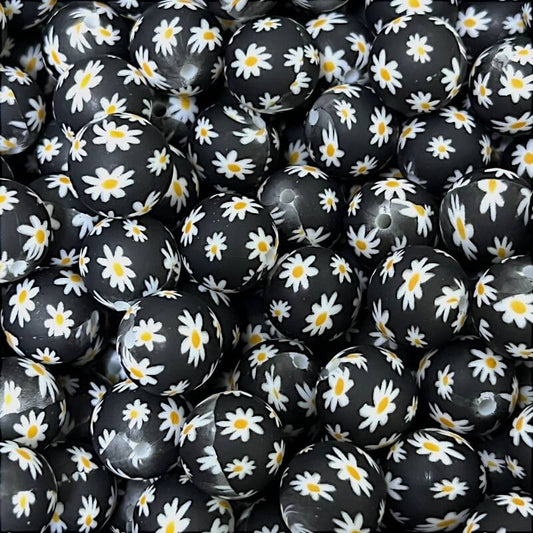 15mm Silicone Beads Little Daisy Printed Design 50pcs