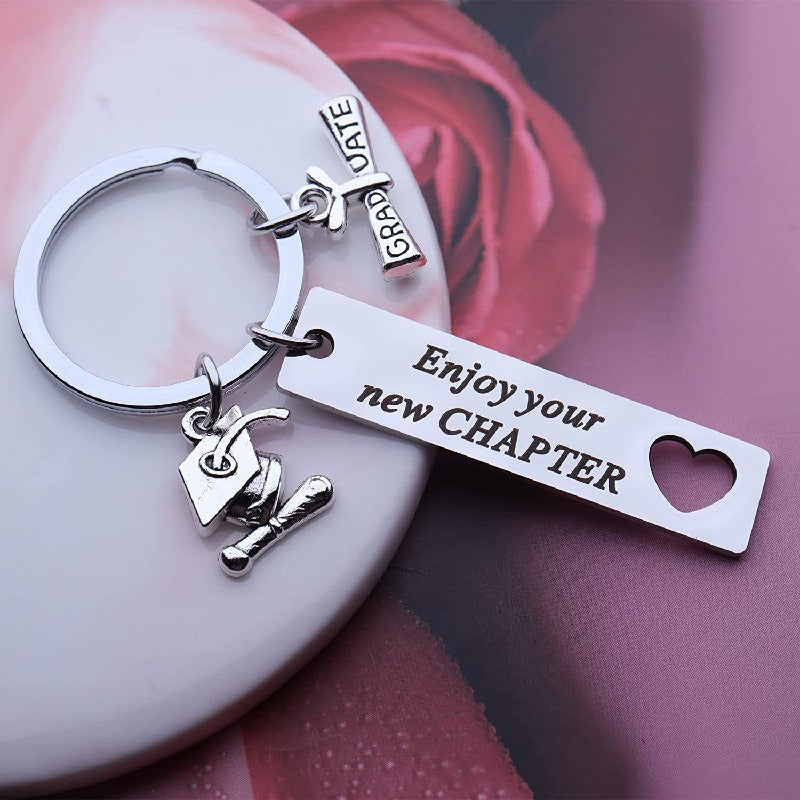 Stainless Steel Inspirational Graduation Strip Keychain Heart Cutout 2