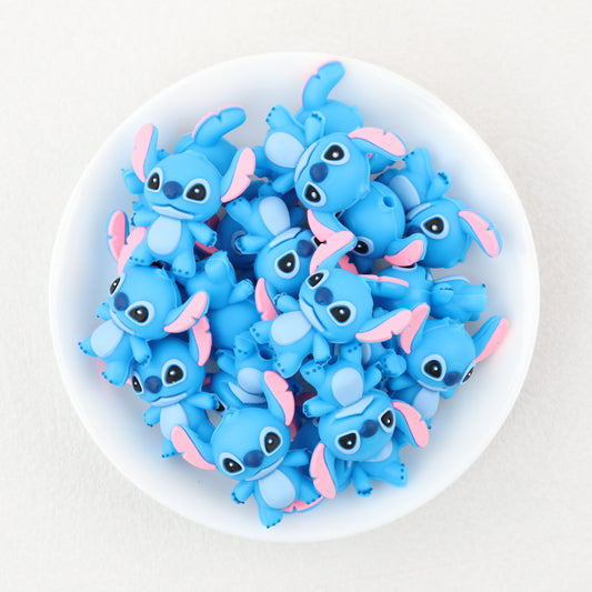 Silicone 3D Focal Beads Blue Stitch Smiling Face Front Facing