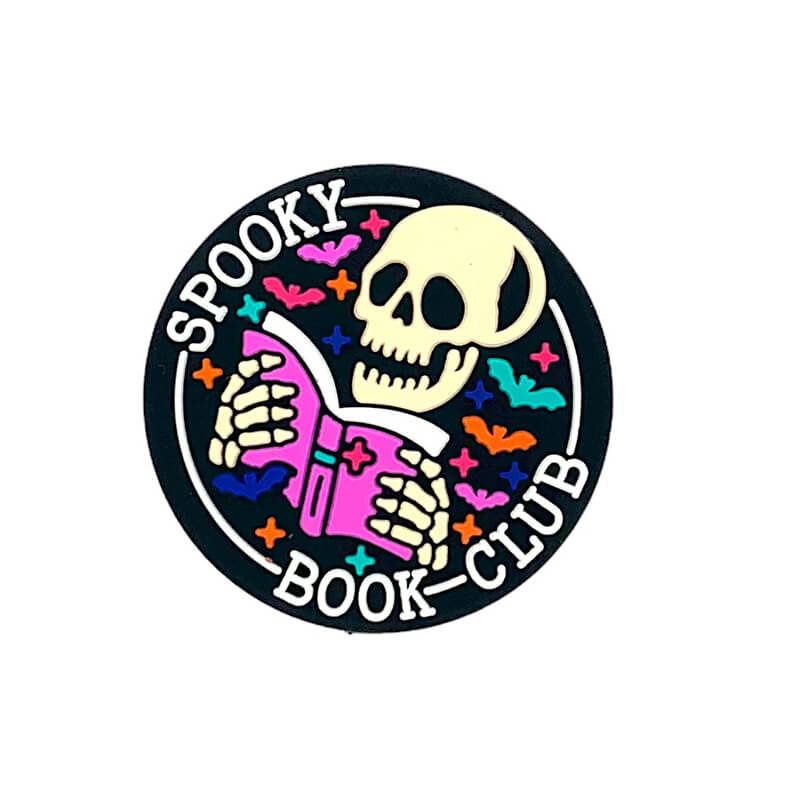 Silicone Focal Beads Spooky Halloween Skull Holding Pink Book Circle Badge