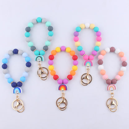 Rainbow Silicone Bead Wristlet Keychain with Rainbow Charm