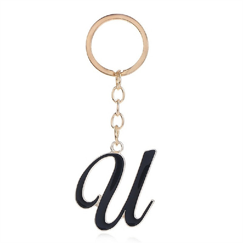 Metal Fashion Letter Keychain Black and Gold Script Design 25