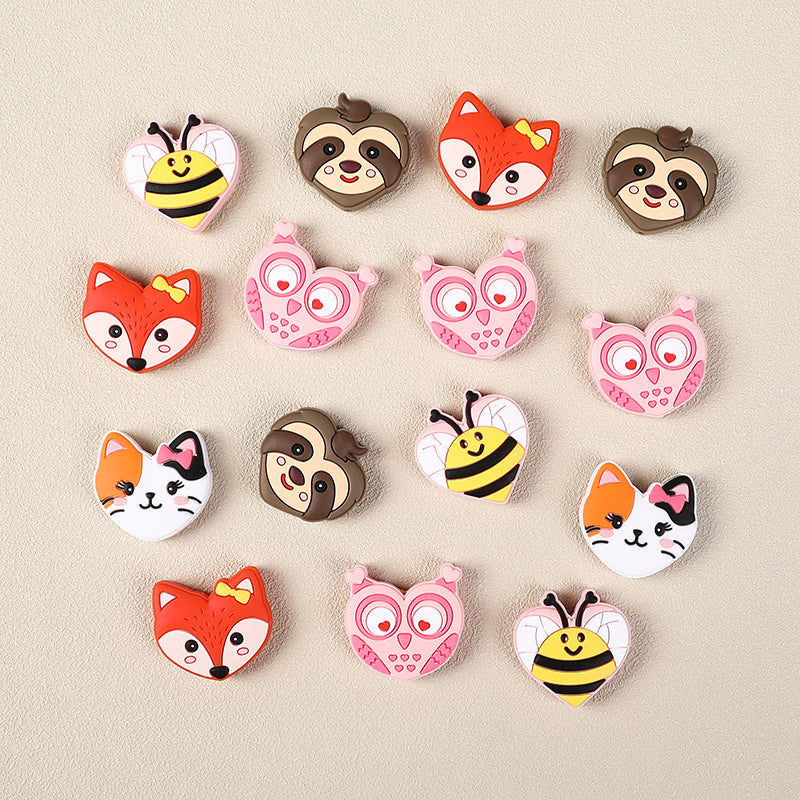 Silicone Focal Beads Valentine Day Heart Shaped Bee Owl Fox Sloth Kitten 20pcs 6