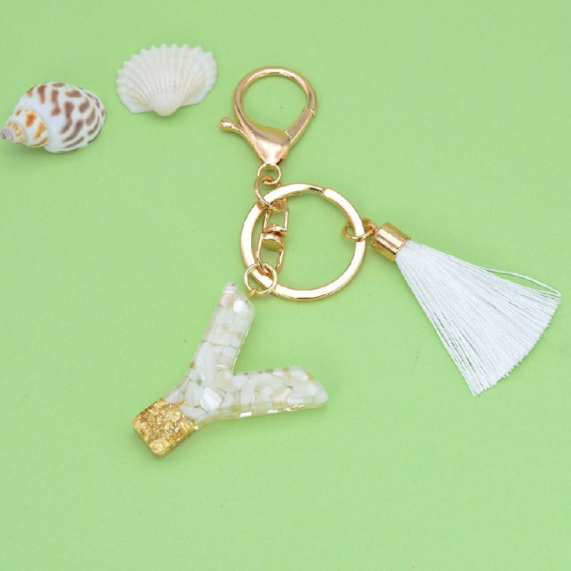Tassel Letter A Keychain Resin Gold Flakes White Tassel 28