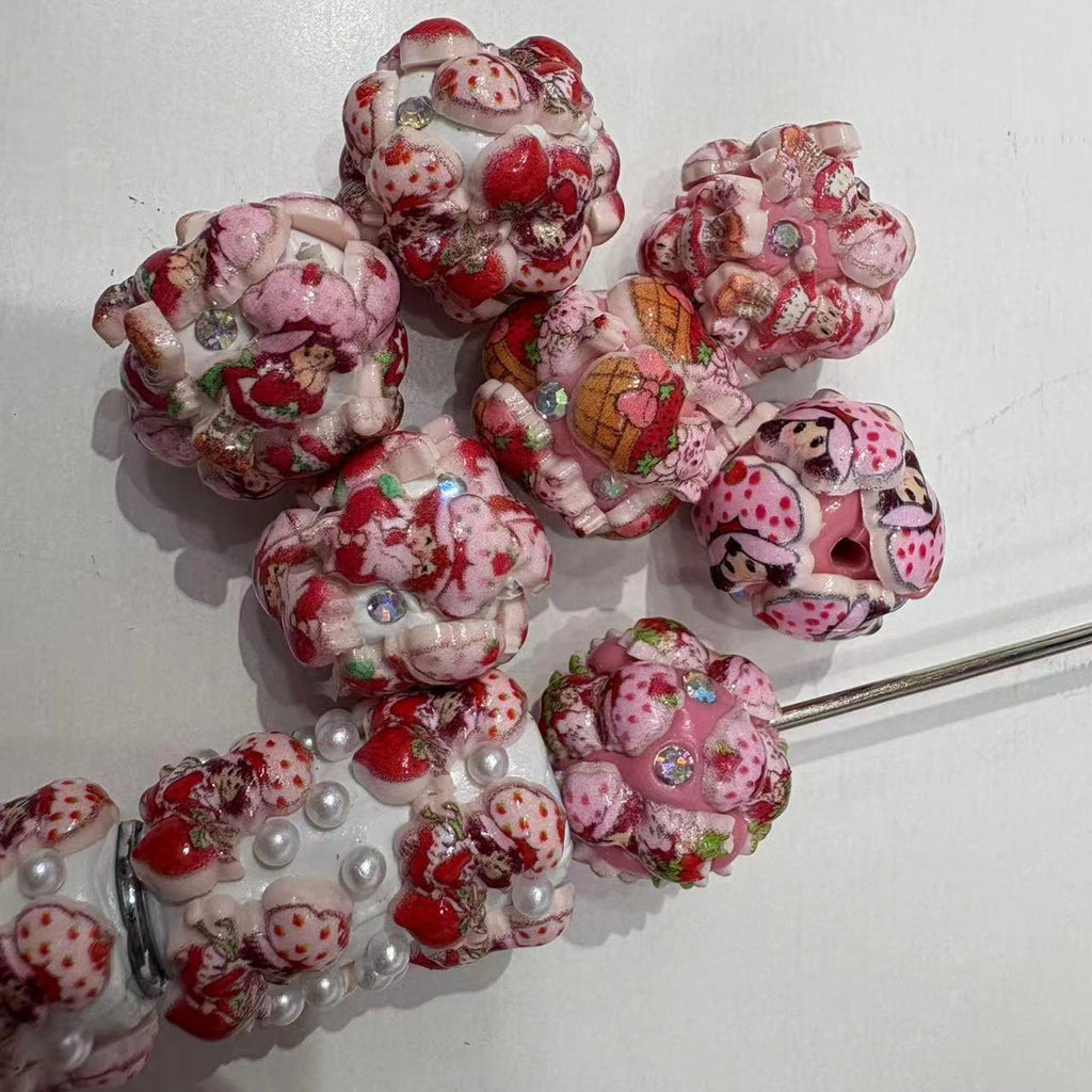 Embellished Bubblegum Beads 20mm Strawberry Shortcake Design 30pcs 11