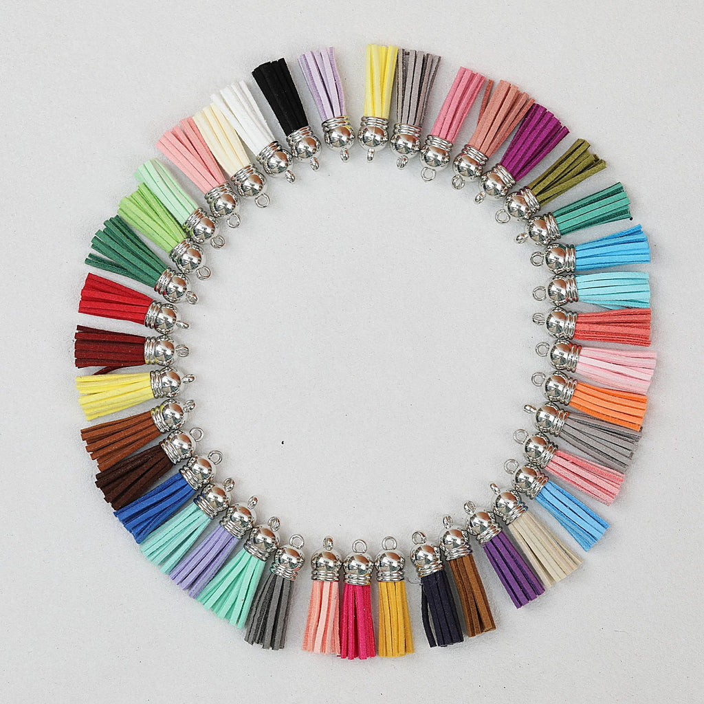 Leather Tassel Charms Small 3.8cm Mixed Colors Silver Cap 100pcs - Silver Cap