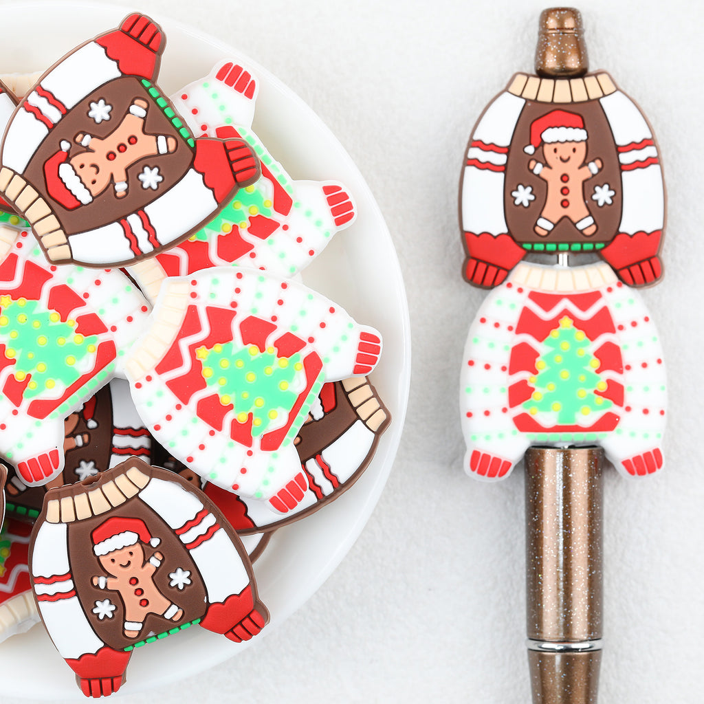 Gingerbread Motif Silicone Focal Beads Wholesale, Christmas Sweater Design Red White Pattern