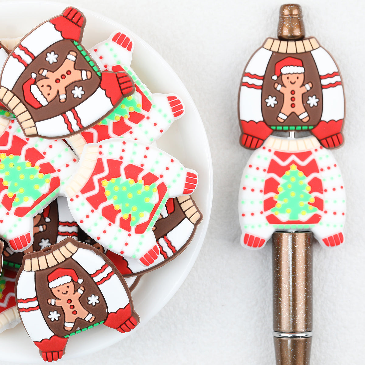Gingerbread Motif Silicone Focal Beads Wholesale, Christmas Sweater Design Red White Pattern