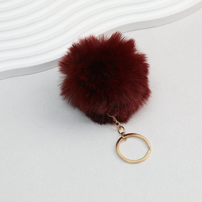 Pom Pom Keychain Plush Violet Faux Fur Ball Gold Ring 8cm - Caramel