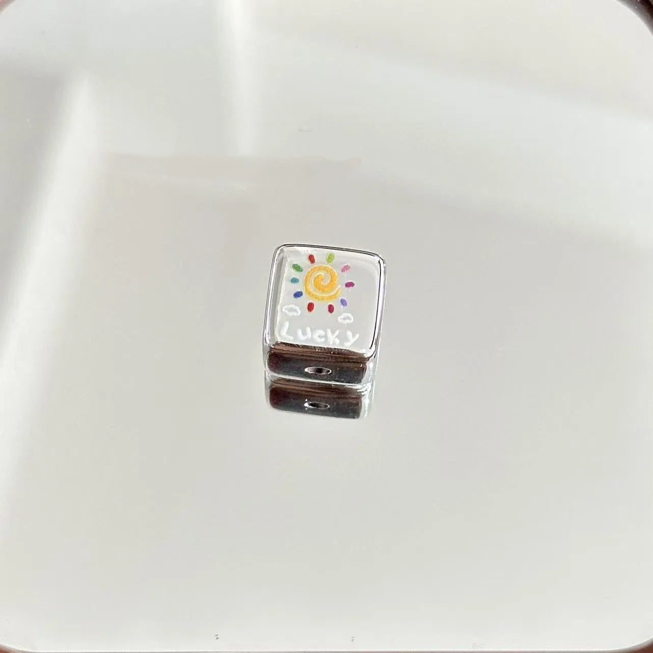 Square Acrylic Beads 14mm Silver Flower and Puppy Pattern 10pcs 4