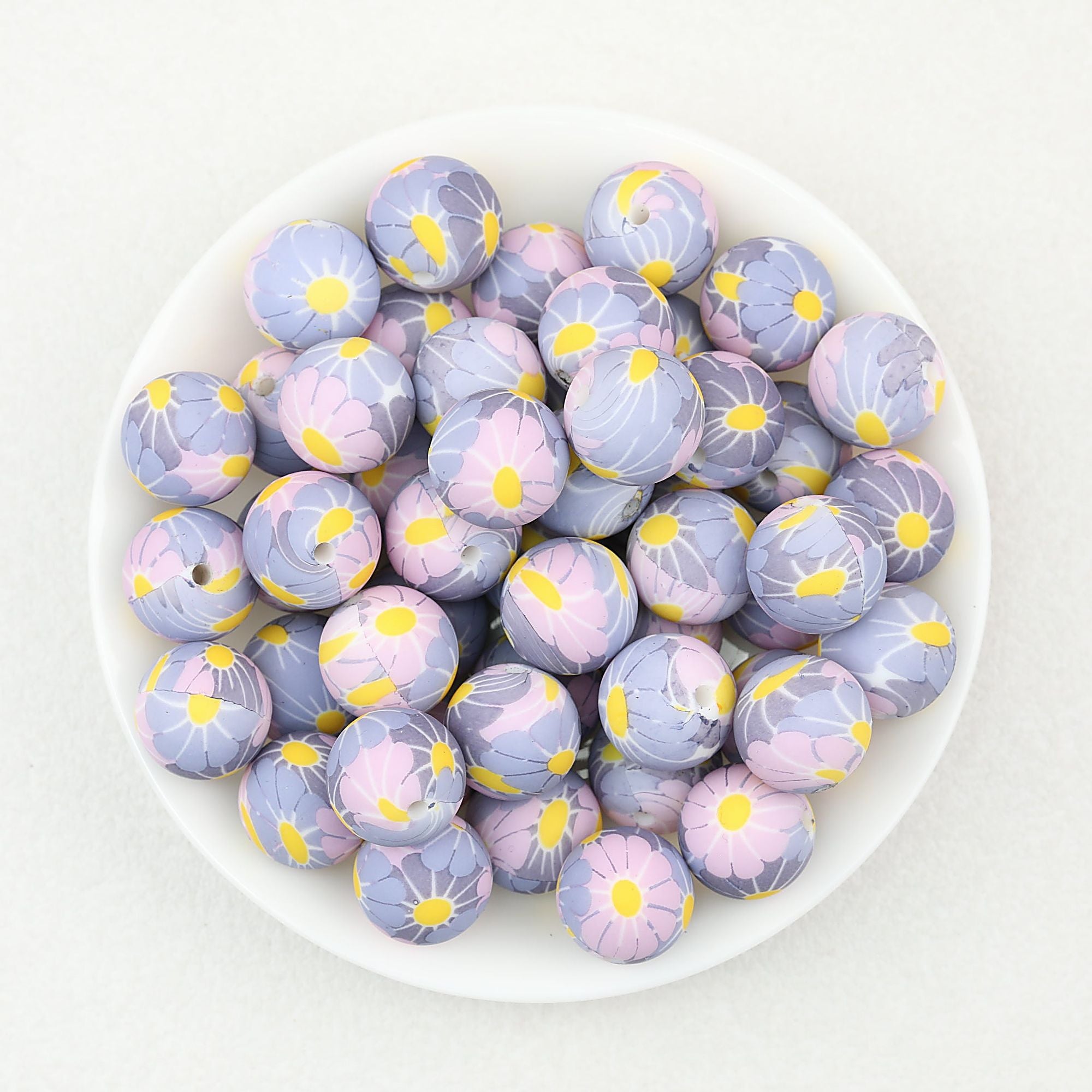 15mm Light Floral Print Round Silicone Beads 50 pcs - Floral Design 5
