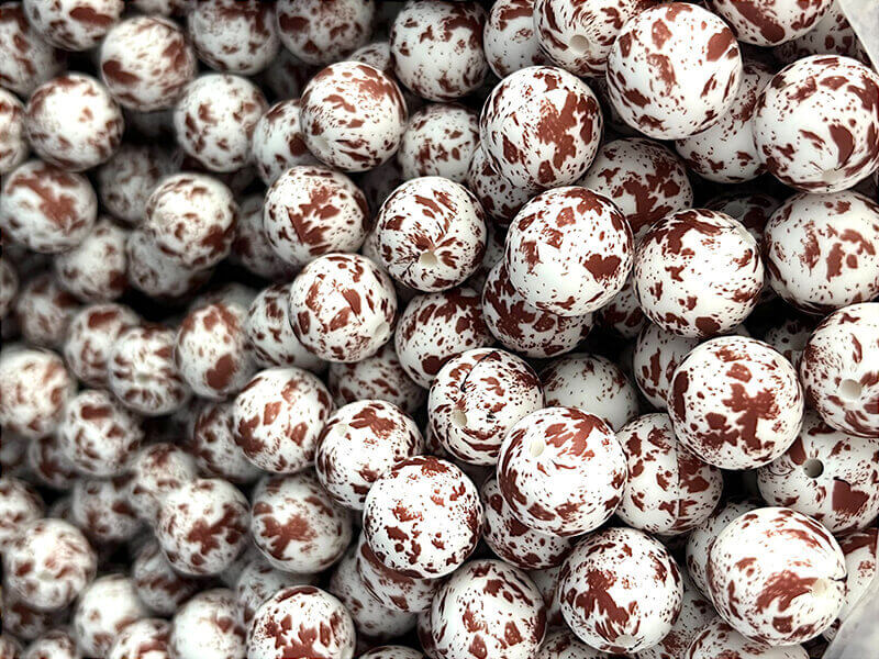 15mm Silicone Beads Brown Cowhide Print Matte Finish 50pcs