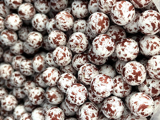 15mm Silicone Beads Brown Cowhide Print Matte Finish 50pcs