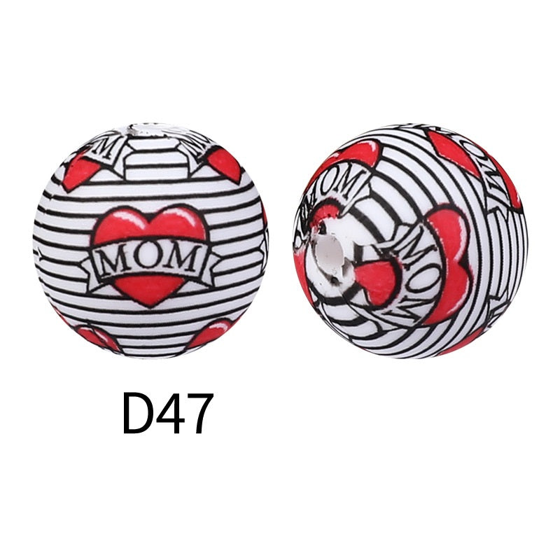 50Pcs 15mm Colored pattern printed silicone beads 49