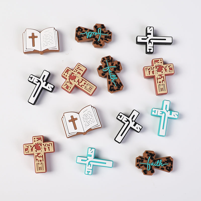 Silicone Focal Beads Bible Cross Leopard Print and Birthday of Jesus 20pcs 2