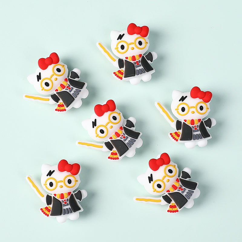 Silicone 3D Focal Beads Harry Potter KT Cat Wearing Red Bow 20pcs
