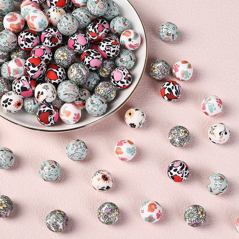 15mm Silicone Beads Rhombus Printed Design 50pcs 3