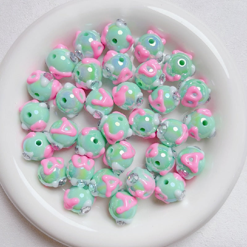 Hand Painted Rhinestone Flower Acrylic Round Beads 16mm 5pcs 2