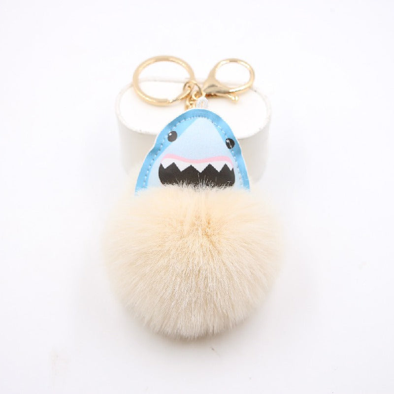 Plush Shark Keychain Blue Leather Face Fluffy Pom Pom Belly 7