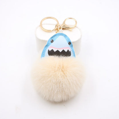 Plush Shark Keychain Blue Leather Face Fluffy Pom Pom Belly 7