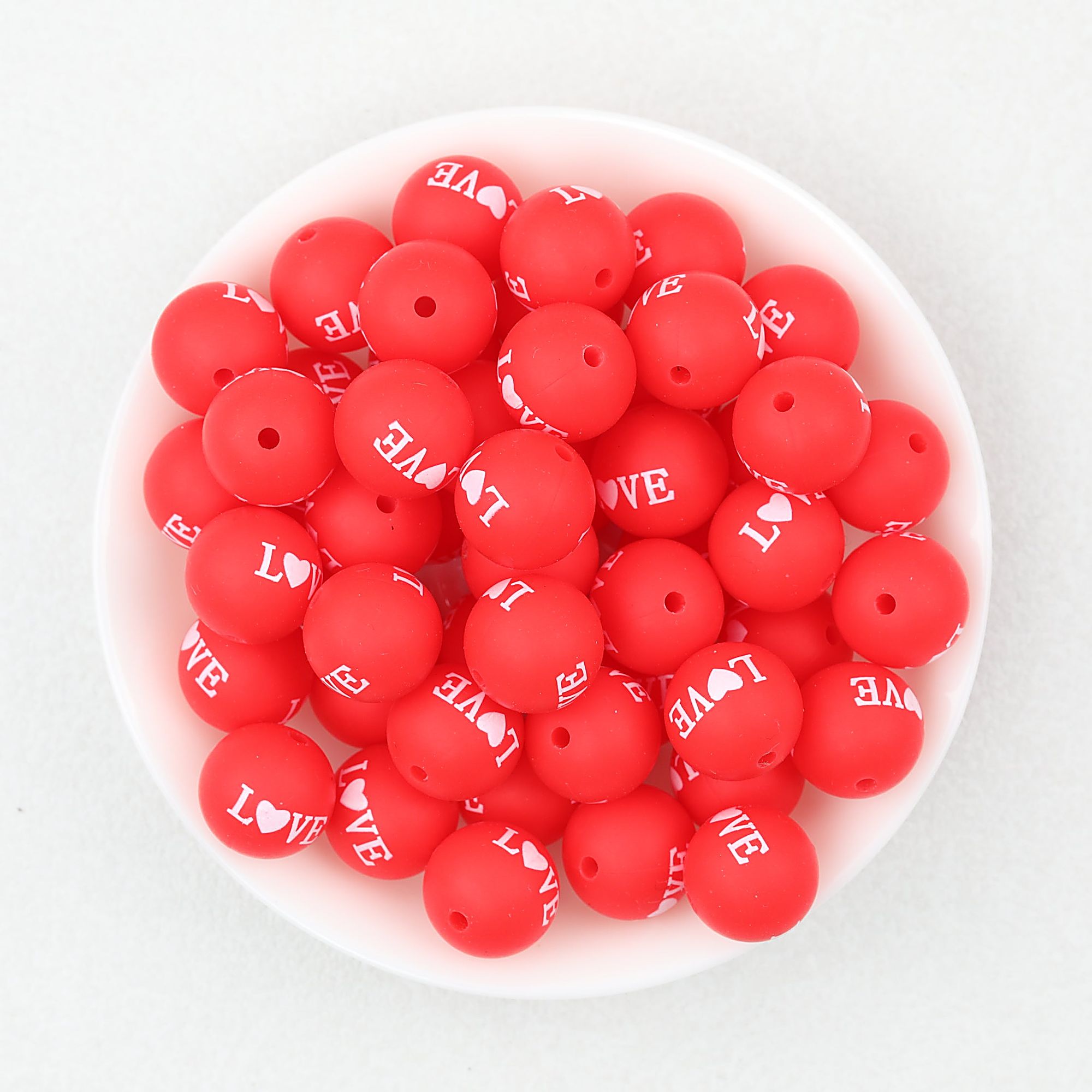 Valentine Theme 15mm Silicone Beads Printed Pattern 50pcs - Red LOVE